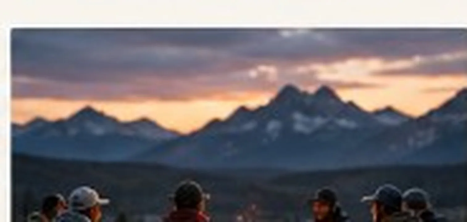 Friends gathered around a campfire at dusk in the mountains