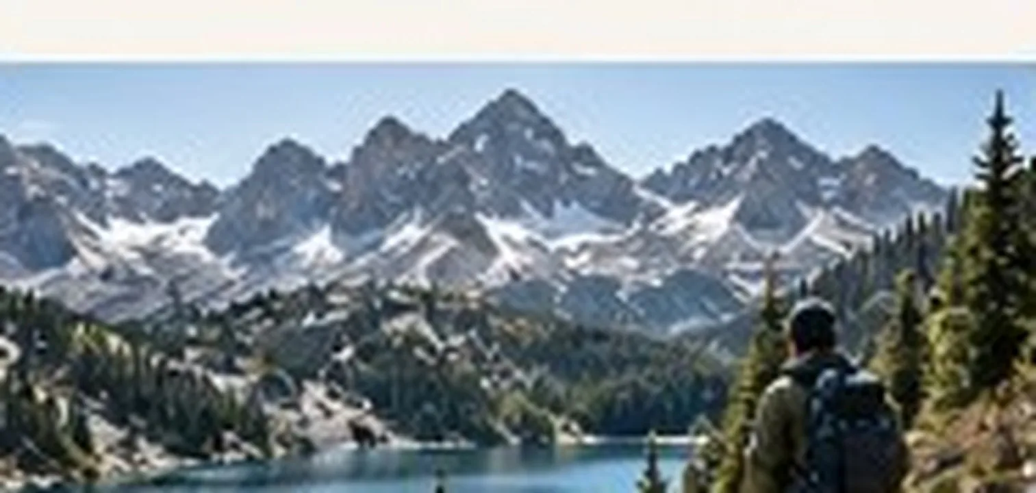 Hiker overlooking a turquoise alpine lake and mountain peaks