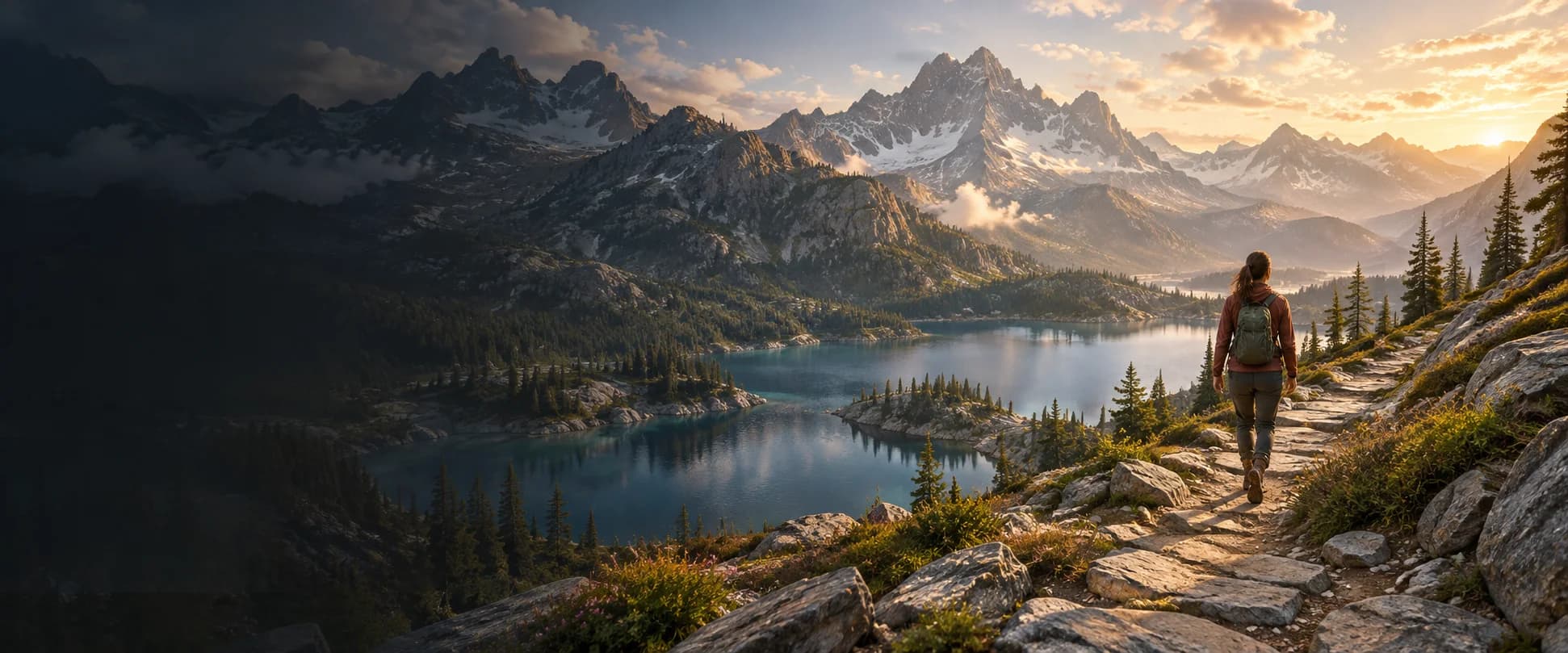 Hiker on a rocky alpine trail overlooking a turquoise lake and snow-capped peaks