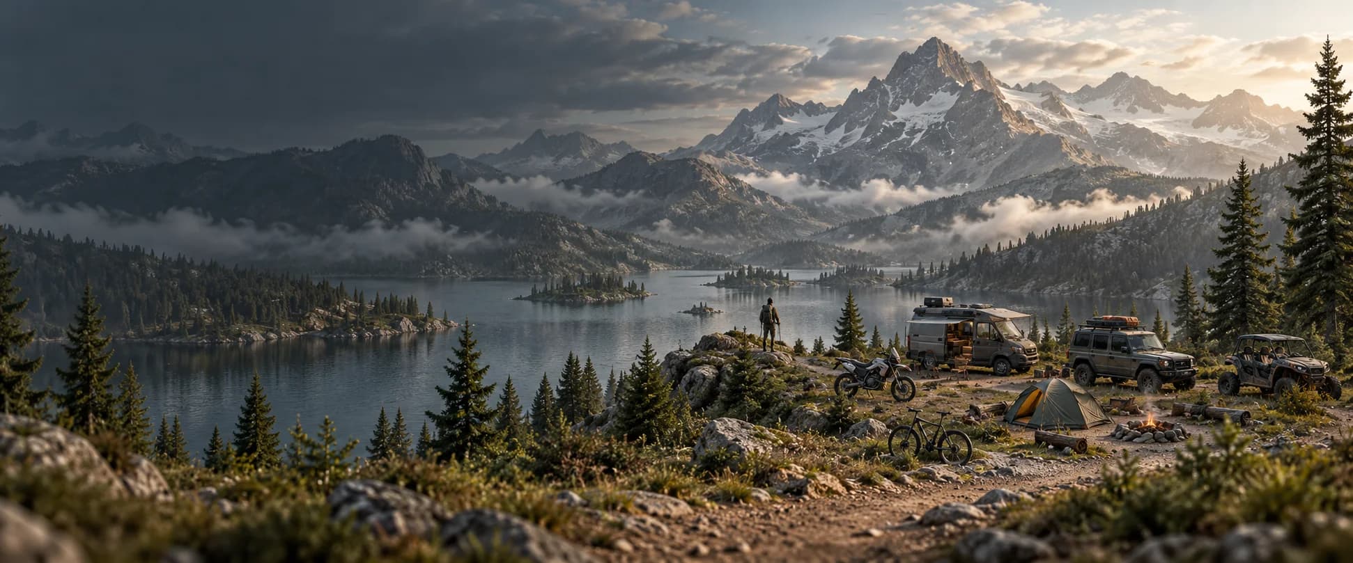 Alpine lake overlook with a camper, campfire, and hikers at golden hour
